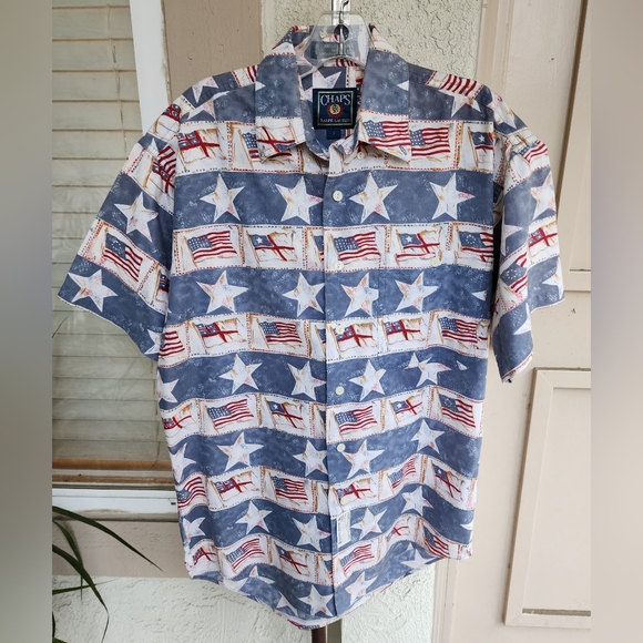 SMALL men Chaps RALPH LAUREN American Flag patriotic button short sleeve shirt - Picture 1 of 15